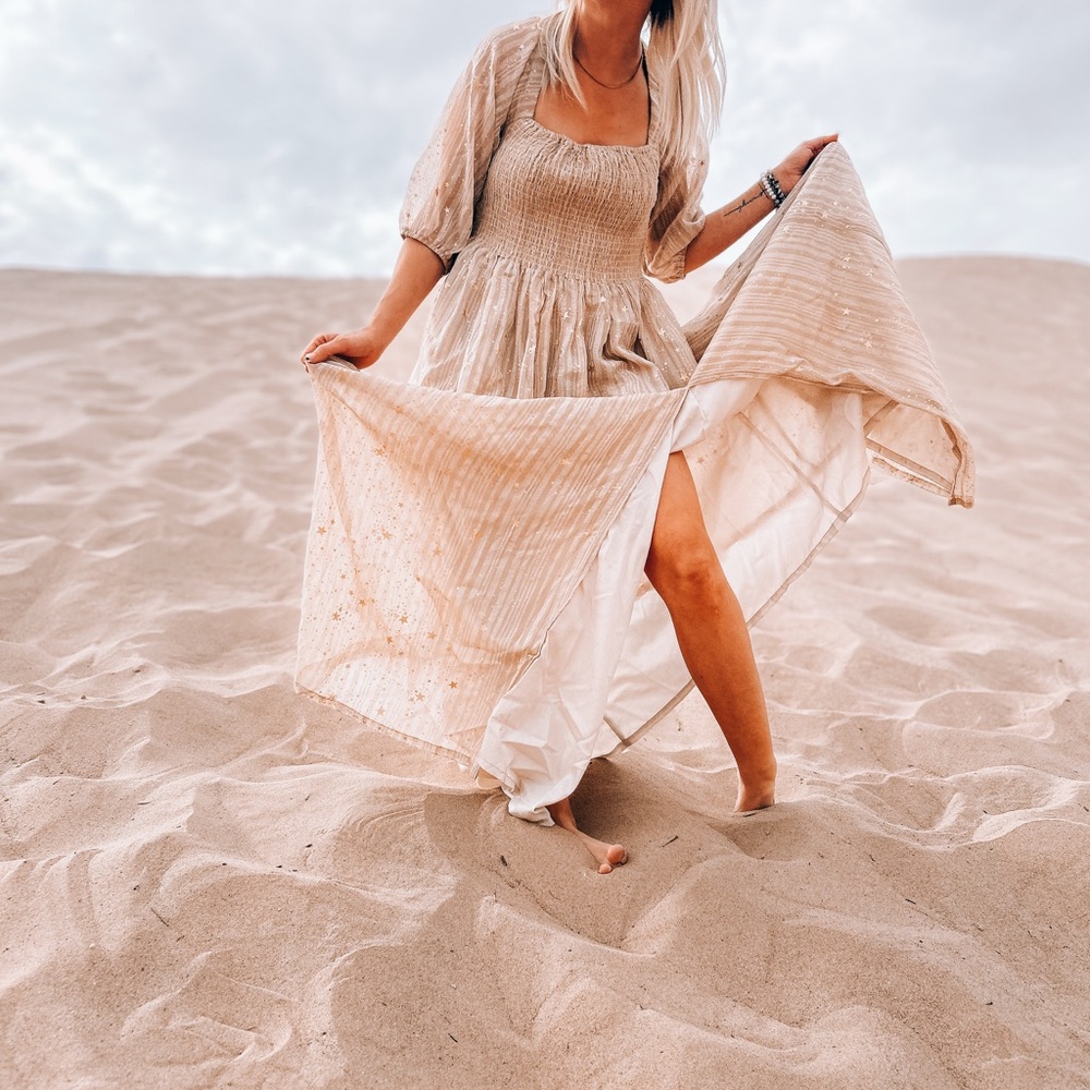 Beige Maxi Dress with Puff Sleeves